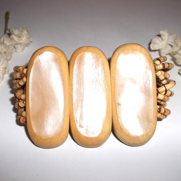 Fashion Jewelry Jewelry - Chunky Wooden Bracelet Brown Tan Cream Wood Adjustable Statement Size Jewlery B7